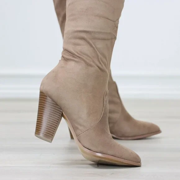 Tan Block Heeled Boots Below The Knee Faux Suede Pointed Toe Womens - Picture 6 of 14